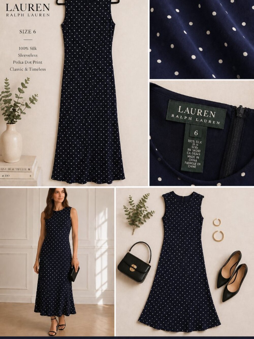 Ralph Lauren 100% Silk Polka Dot Dress 6 Navy/White Elegant - Picture 4 of 5